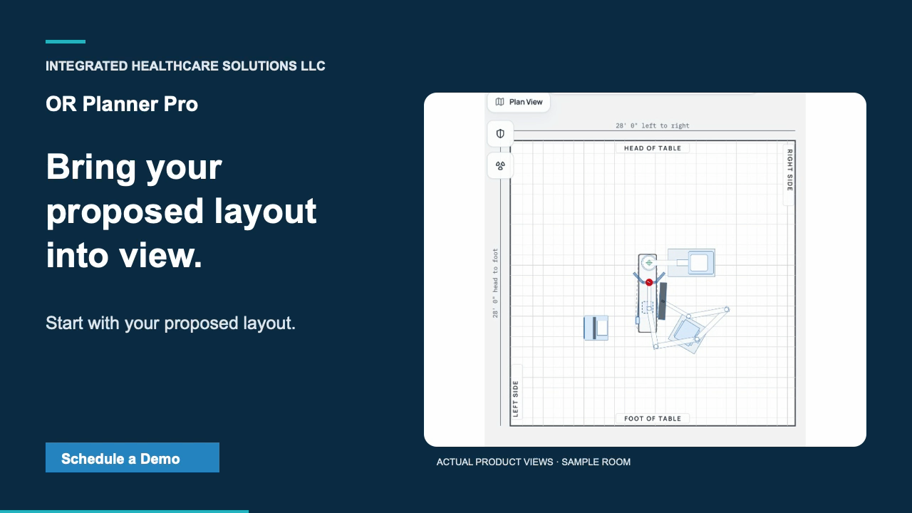 OR Planner Pro Plan View feature illustration showing a sample operating room layout and equipment placement.