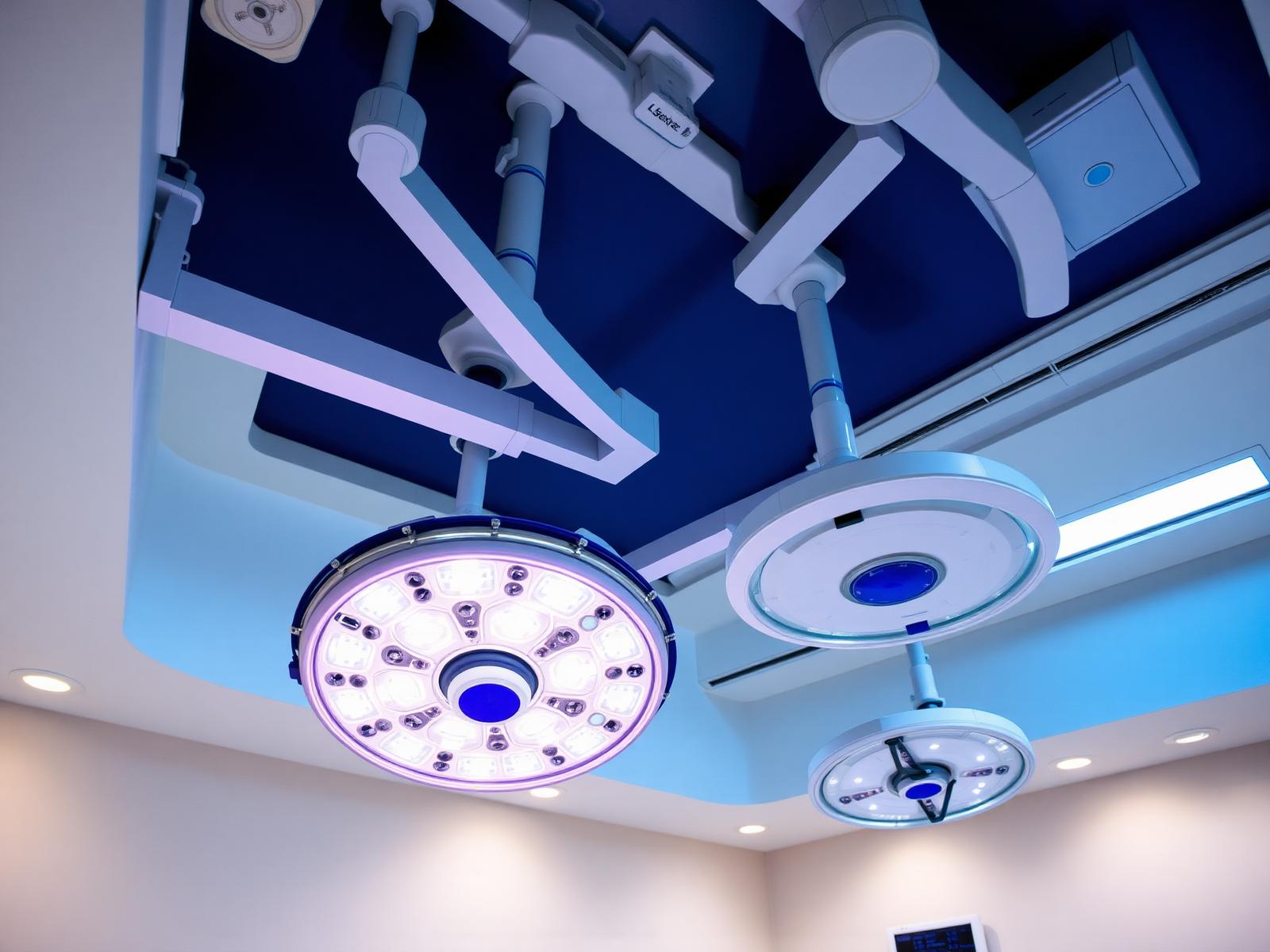 Ceiling-mounted equipment booms and surgical lights in a modern operating room