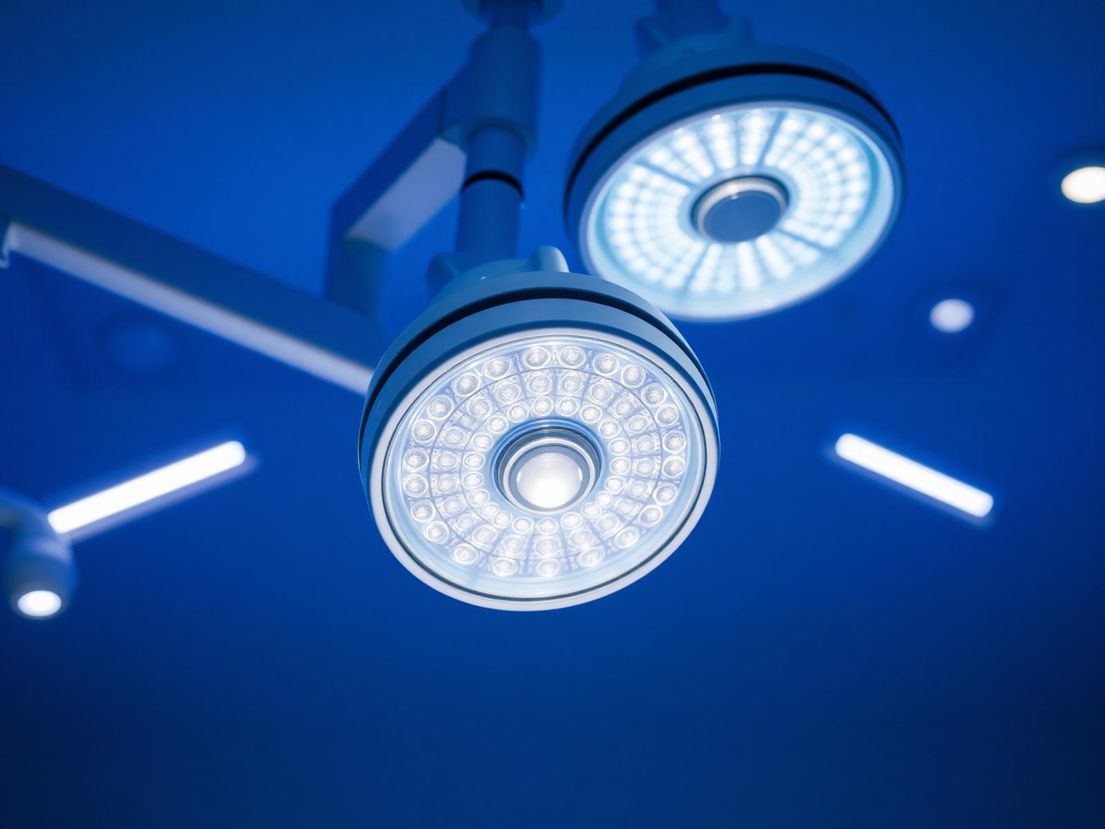 Modern LED surgical light heads in an operating room
